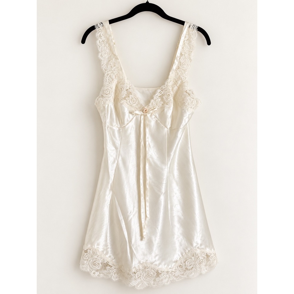 Vintage Victoria's Secret Ivory Satin Lace Chemise Slip Nightgown Size S